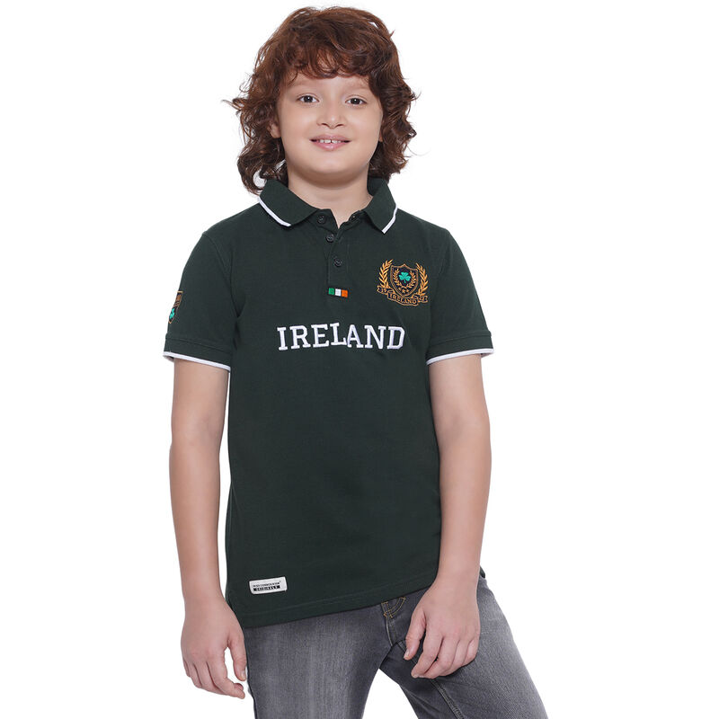 Ireland Crest Badge Kids Polo T-shirt- Forest Green